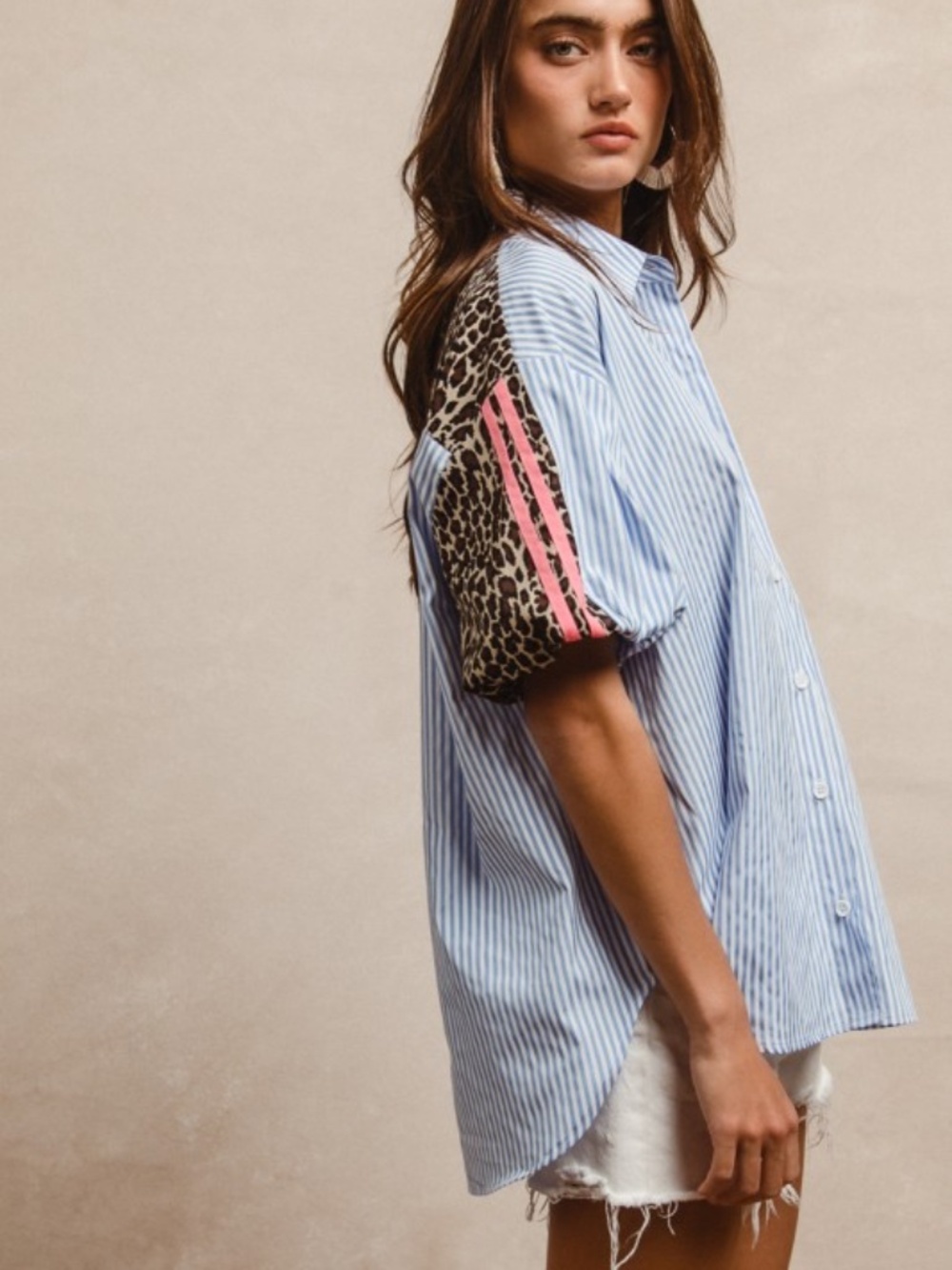 NWT Chambray Stripe Leopard Button Down Top - Picture 2 of 6